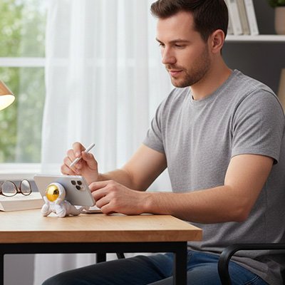 un-homme-avec-son-support-téléphone-en-forme-astronaut